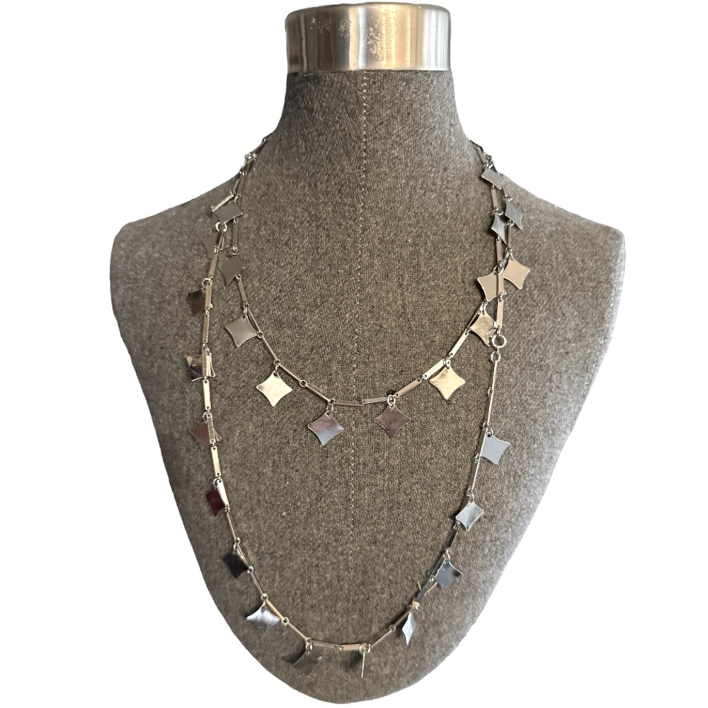 Vintage Silver Diamond-Shaped Charm Necklace – Long, Layered